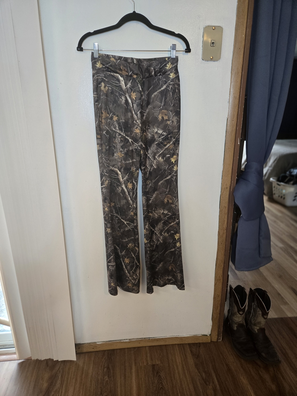Camo Print Flared Pants in Brown and Gray